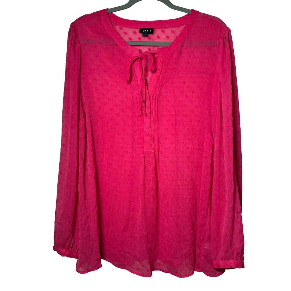 Torrid Hot Pink Clip Dot Tie Neck Blouse, Long Sleeve Chiffon, Plus Size 2X